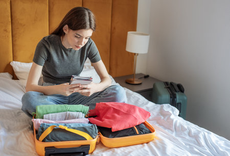 Young woman packing luggage on bed, checking travel documents before a tripの写真素材