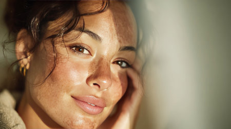 Woman's portrait with clear skin and freckles illuminated by natural sunlightの素材
