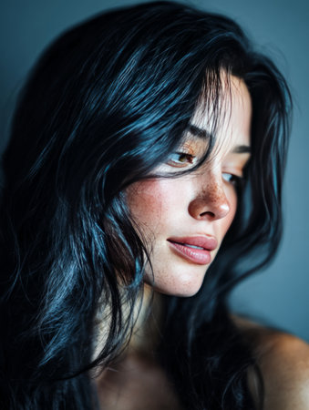 Woman with long dark hair and freckles looking away in pensive moodの素材