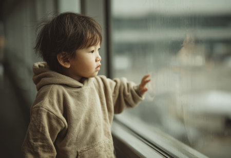 Toddler boy watching airplanes through an airport window, reflecting on travel and wonderの素材