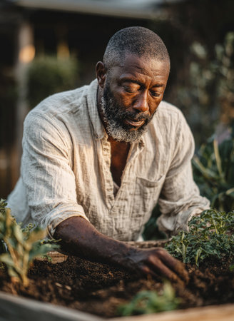 Senior man gardening, planting new greens in soil, promoting sustainable livingの素材