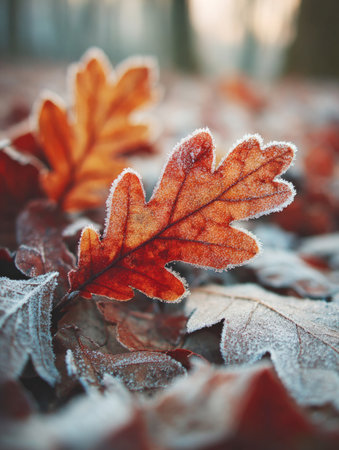 Oak leaves covered in white frost creating a natural winter pattern on the groundの素材