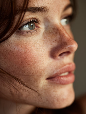 Woman's close up portrait showing her face with freckles, green eyes, and natural redhead hairの素材