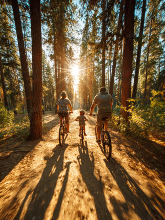 Family riding bikes on a dirt road through a sunny pine forestの素材