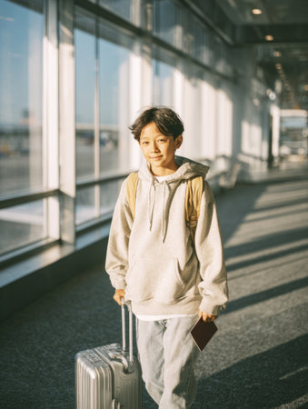 Young boy walking in airport terminal pulling luggage with passport in handの素材