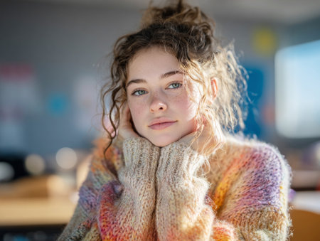 Young woman with curly hair and freckles wearing a colorful sweaterの素材