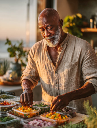 Mature man arranges fresh vegetables into containers during sunset meal prepの素材