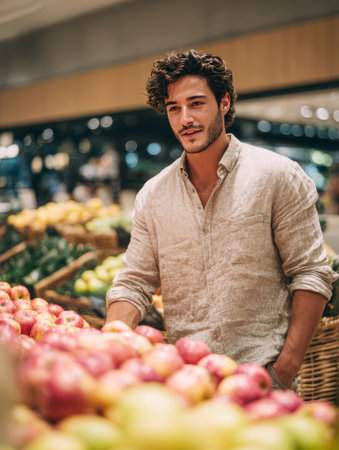 Young man shopping for fresh organic apples in a supermarket produce aisleの素材