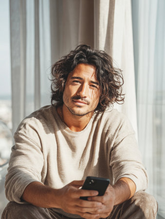 Attentive man with long hair holding a phone while receiving morning sunlightの素材