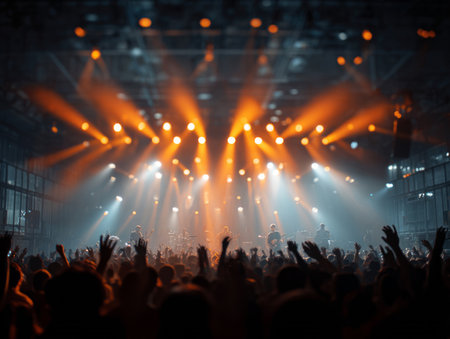 Band performs on stage with bright spotlights for an excited audience with raised handsの素材