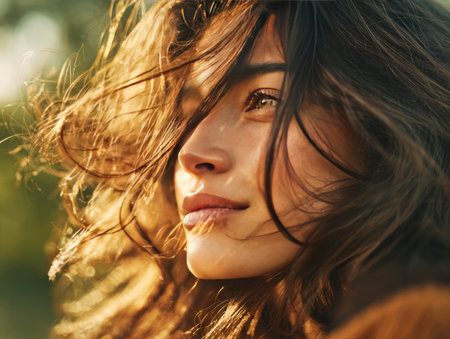 Woman's portrait capturing thoughtful expression with hair blowing in golden hour lightの素材