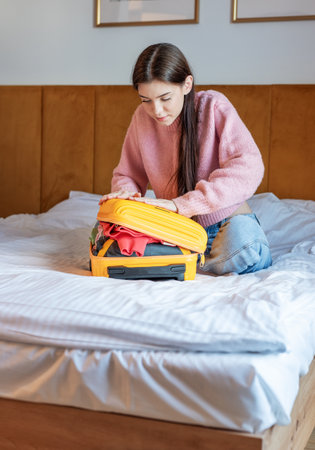 Young woman trying to close an overflowing suitcase on a bed, preparing for travelの写真素材