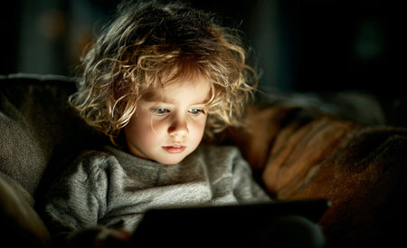 Young child focusing intently on a glowing screen in a dark environmentの素材