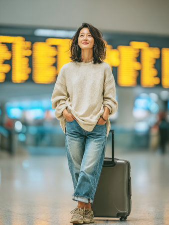Asian woman standing with suitcase, happily waiting for departure in airport terminalの素材