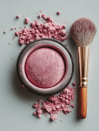 Loose pink cosmetic powder in a container with a makeup brush, seen from aboveの素材