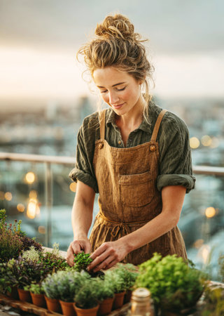 Woman transplanting small plants on a rooftop garden, enjoying urban farmingの素材
