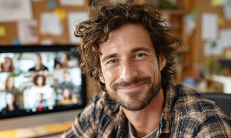 Man smiling at camera while participating in a video conference with multiple colleaguesの素材