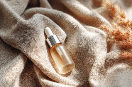 Skincare product packaging a dropper bottle filled with serum on a textured textile with dry plantsの素材