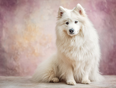 White fluffy samoyed dog patiently sitting against a pink textured backgroundの素材