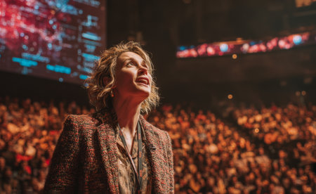 Woman speaker addressing a large audience during a dynamic conference presentationの素材