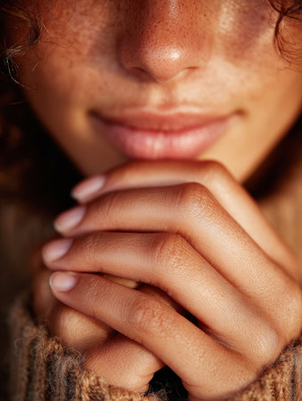 Woman holding hands together, feeling warm comfort and showing gratitudeの素材