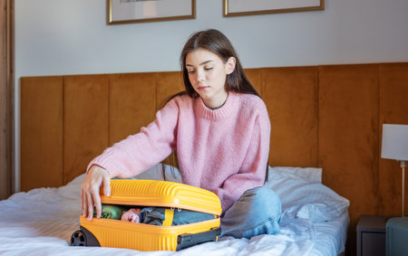Woman preparing luggage on a bedroom bed, getting ready for a journeyの写真素材