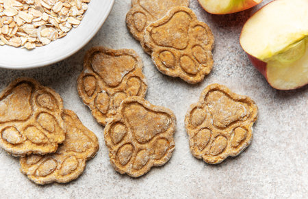 Paw print dog treats baked with oats and apple, offering a healthy pet snackの写真素材