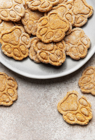 Homemade paw print dog treats arranged on a plate with more treats scattered