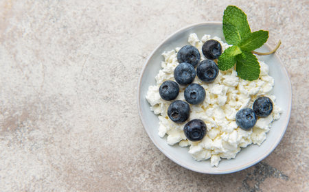 Cottage cheese serving with fresh blueberries and mint leaves offering healthy nutritionの写真素材