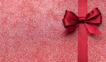 Red glitter surface creating a festive background with a decorative satin ribbon and small bowの写真素材