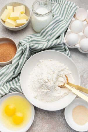 Assortment of baking ingredients including flour, eggs, butter, milk, sugar, and yeast