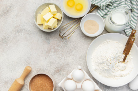 Assorted fresh ingredients for baking dough on a light kitchen counter background
