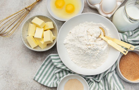 Arranging essential ingredients for baking, including flour, eggs, butter, milk, and sugar