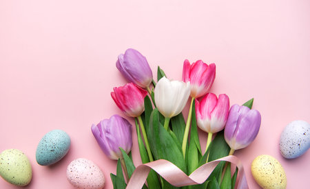 Vibrant tulips with festive speckled eggs creating a bright easter and spring background