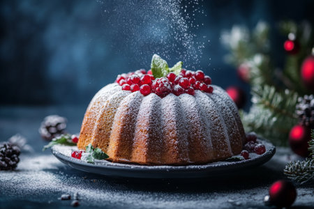 Round christmas bundt with powdered sugar and berries, holiday spirit, dark background, food photo like in cookbookの素材