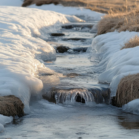 Early Spring Thaw: A Small Stream Flows Through Melting Snow and Ice, landscape of the transition between winter and spring, sunlight illuminating the clear water and frozen banks,の素材