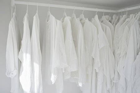 White garments are neatly arranged on a rack in a bright room, highlighting a minimalist aesthetic and evoking a sense of tranquility and styleの素材