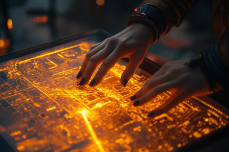 Individual's hands engage with a luminous digital display, highlighting complex designs and data, creating an immersive experience in a modern tech settingの素材