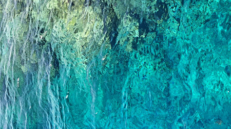 Turquoise water flows over colorful coral reefs, highlighting the intricate patterns and textures of...