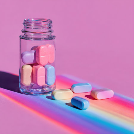 Pastel-colored pills are arranged in a glass jar, casting colorful shadows on a vibrant gradient background, evoking a sense of health and wellness in a playful settingの素材