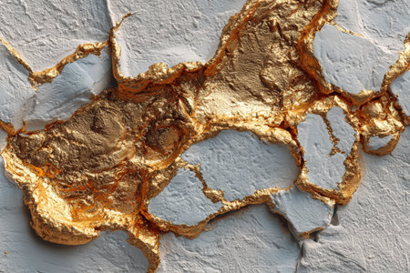Close-up of a textured wall showcasing cracked white paint interspersed with glaming gold leaf, offering a striking contrast and elegant aesthetic for creative projectsの素材