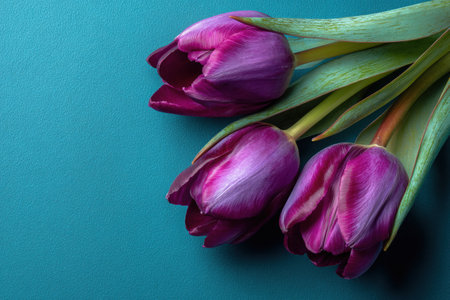 Beautiful purple tulips are arranged on a smooth teal surface, highlighting their rich colors and soft textures, creating a serene and refreshing floral displayの素材