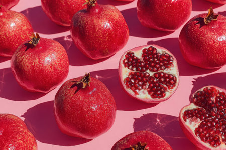 Vibrant pomegranates displayed on a pink surface, featuring whole fruits alongside a halved pomegranate filled with juicy seeds, emphasizing freshness and nutritionの素材