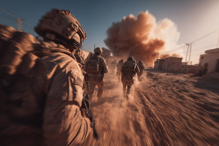 Military personnel in combat gear sprinting across dusty ground, with a large explosion creating a dramatic backdrop, showing the urgency and chaos of battlefield scenariosの素材