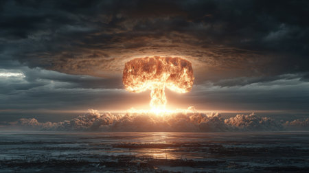 Massive nuclear explosion creates a towering mushroom cloud against a turbulent sky, casting an eerie light over the landscape, symbolizing devastation and energyの素材