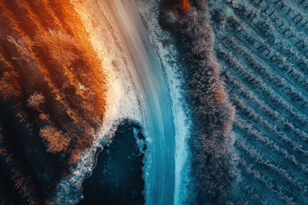 Aerial perspective captures winding road amidst winter scenery, with snow-covered fields and trees, creating a tranquil and picturesque natural landscapeの素材