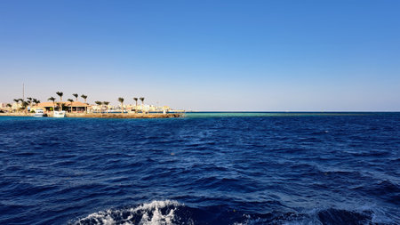 Coastal view showcasing clear blue waters and a distant shoreline with palm trees and beachside...