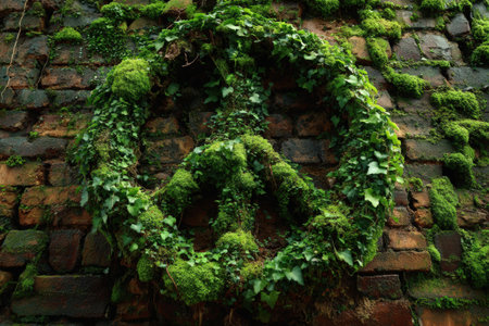 Peace symbol crafted from vibrant ivy and moss, set against a rustic brick wall, illustrating the harmony between nature and urban environments, promoting eco-friendlinessの素材
