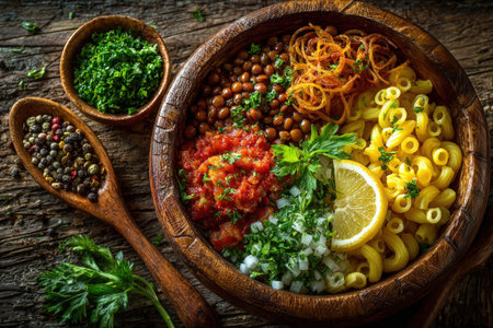 Egyptian food koshary dish. Koshary dish with lentils, pasta, tomato sauce, and herbs in a wooden bowl, highlighting rich textures and vibrant colorsの素材