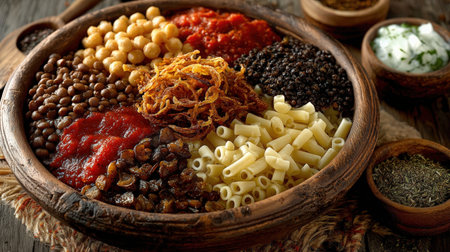 Egyptian food koshary dish. Koshary dish presented in a wooden bowl, featuring pasta, lentils, chickpeas, and tomato sauce, highlighting vibrant colors and texturesの素材